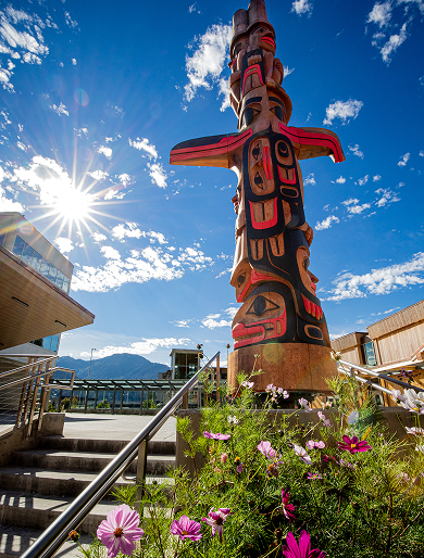 A carved and painted Kooteeyaa Deiyí totem pole in Juneau