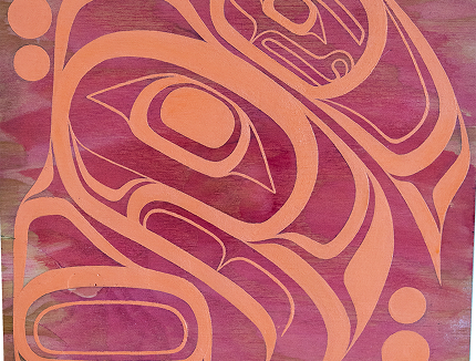Coral and burgundy Northwest Coast formline artwork