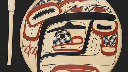 Painted Northwest Coast drum and drumstick
