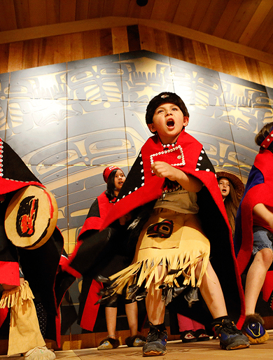 Young performers dancing in traditional regalia