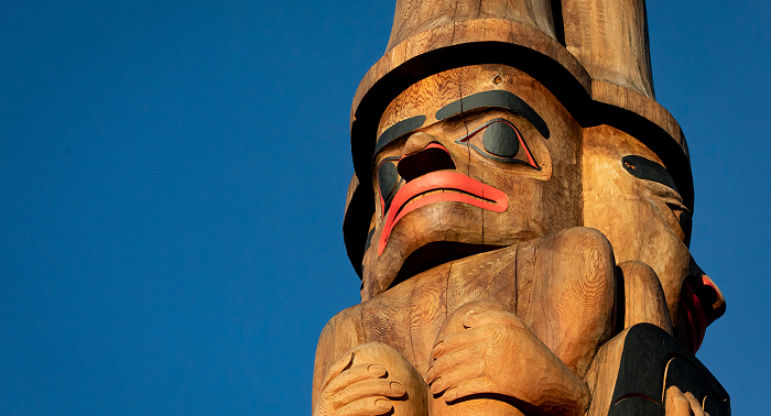 Detail of a carved and painted Southeast Alaska Native totem pole