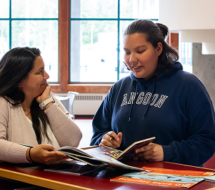 An advisor and student review a book together