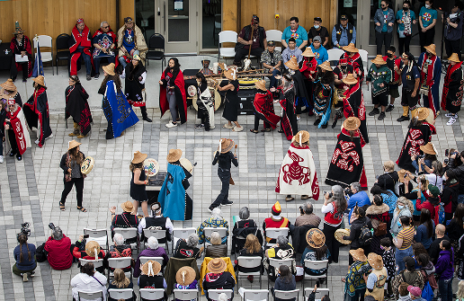Artists and community members gathered in the plaza for the Atnané Hít grand opening