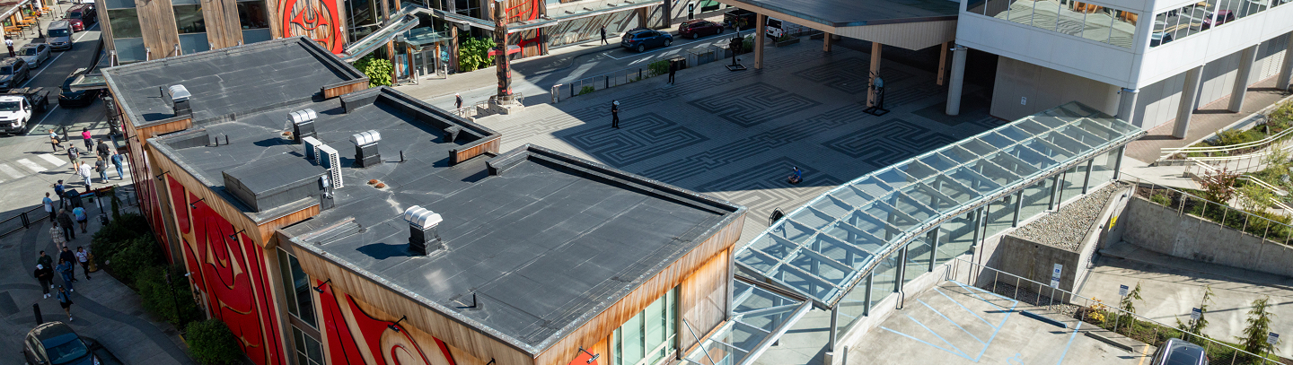 Aerial view of Atnané Hít and the Sealaska Heritage plaza in downtown Juneau