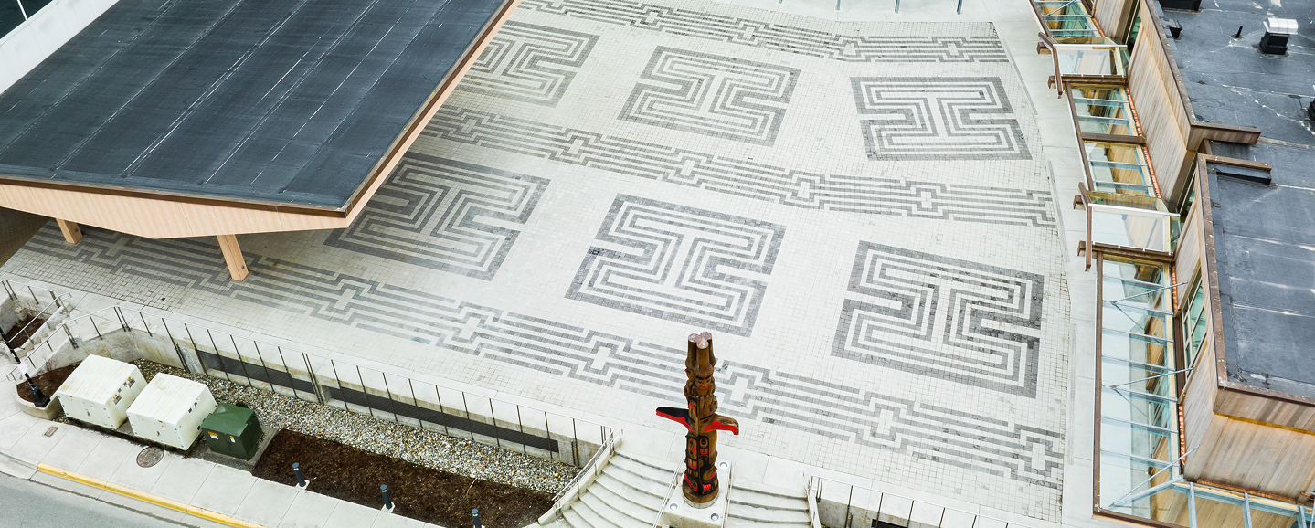 Aerial view of the basketry-inspired paving pattern and totem pole in the Sealaska Heritage plaza