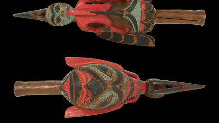 Two carved and painted bird rattles
