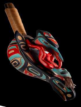 Carved and painted Raven sculpture from the 2025 Raven in Motion exhibit