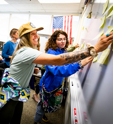 Educators collaborating with notes on a classroom whiteboard