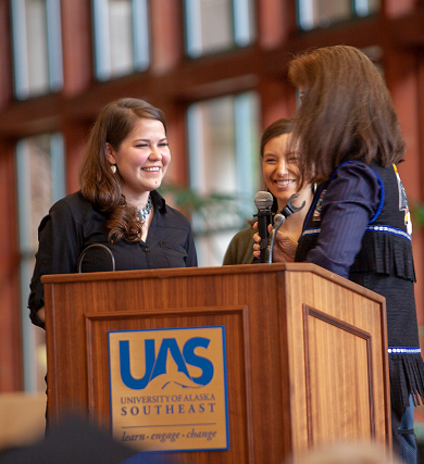 A student speaks at a University of Alaska Southeast podium