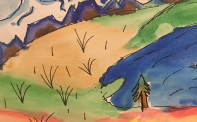 Colorful student artwork showing mountains, fields, trees, and water