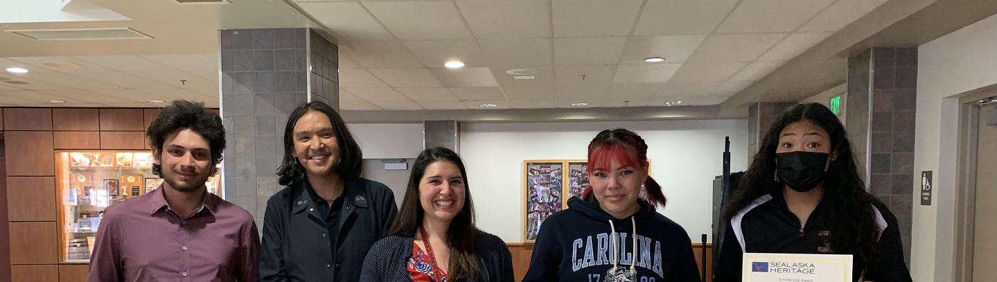 Five Sealaska Heritage scholarship recipients gathered at an awards presentation