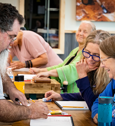 Educators working together around a table during an art workshop