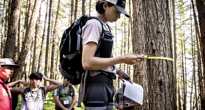 A student measuring a tree during an outdoor Career Pathways activity
