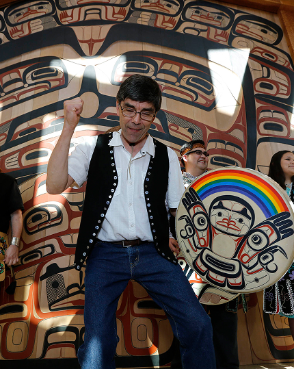 David A. Boxley dancing before the Tsimshian clan house front