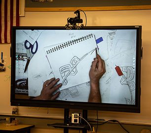 An instructor demonstrating a formline drawing lesson on a classroom display