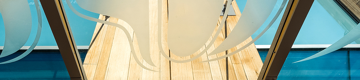 Formline designs engraved into glass awnings above the Walter Soboleff Building entrance