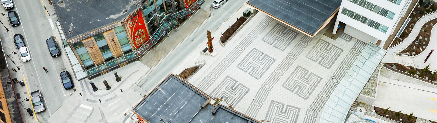 Aerial view of Sealaska Heritage buildings and the plaza in downtown Juneau