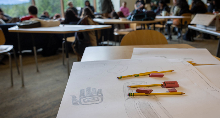 Formline drawing materials on a classroom table during Indigenous Science Academy