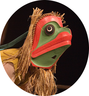 Green and red bird mask worn in a performance