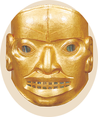 Gold-colored mask with an open mouth