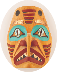 Carved mask painted in red and turquoise