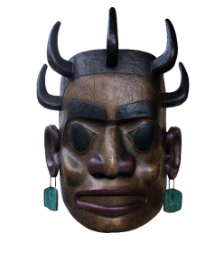 Tlingit, Haida, and Tsimshian mask with horns and turquoise earrings
