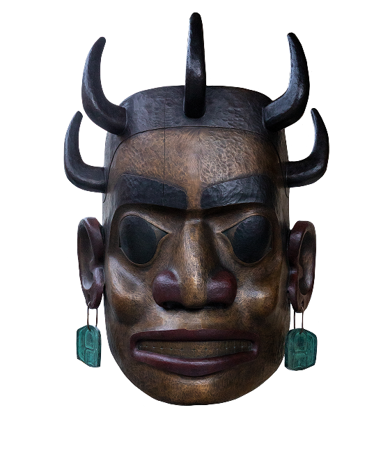 Tlingit, Haida, and Tsimshian mask with horns and turquoise earrings
