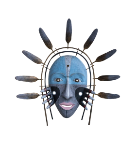 Blue Yup’ik mask with hands and a surrounding feathered frame