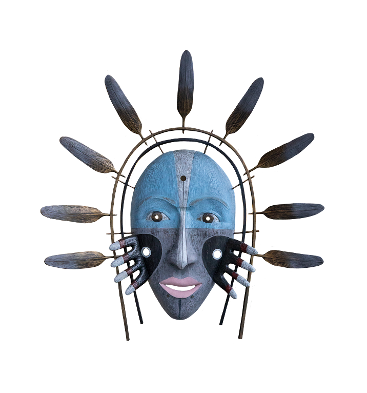 Blue Yup’ik mask with hands and a surrounding feathered frame